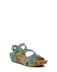 Mint Floral Leather Wedge Sandals