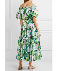 Dolce & Gabbana Off The Shoulder Floral Print Cotton Poplin Midi Dress Green