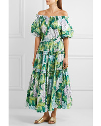 Dolce & Gabbana Off The Shoulder Floral Print Cotton Poplin Midi Dress Green