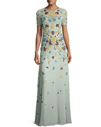 Jenny Packham Floral Appliqu Short Sleeve Illusion Gown