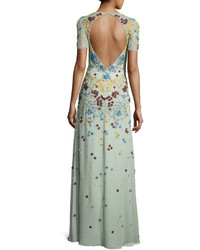 Jenny Packham Floral Appliqu Short Sleeve Illusion Gown