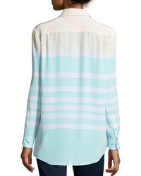 Equipment Reese Clean Colorblock Striped Silk Blouse Bleached Sandice Green