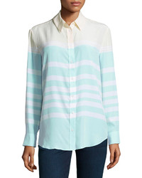 Equipment Reese Clean Colorblock Striped Silk Blouse Bleached Sandice Green