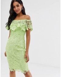 Paper Dolls Bardot Lace Pencil Dress With Frill Detail In Lime