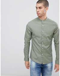 ASOS DESIGN Skinny Shirt With Grandad Collar In Light Khaki