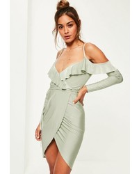 Missguided Green Slinky Frill Cold Shoulder Midi Dress