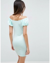 Asos Off Shoulder Mini Bodycon Dress With Puff Sleeve
