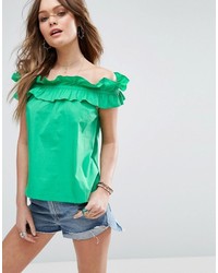 Asos Off Shoulder Top In Cotton With Ruched Edge