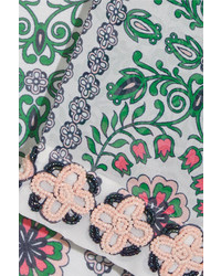 Tory Burch Garden Party Beaded Printed Silk Chiffon Maxi Dress Green