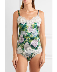 Dolce & Gabbana Lace Trimmed Printed Stretch Silk Satin Camisole Forest Green