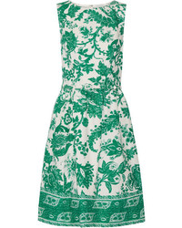 Oscar de la Renta Belted Printed Stretch Cotton Canvas Dress Jade