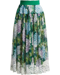 Dolce & Gabbana Hydrangea Print Lace Trimmed Silk Blend Skirt