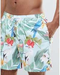 Asos Brand Swim Shorts With Tropical Bird Print In Mid Length