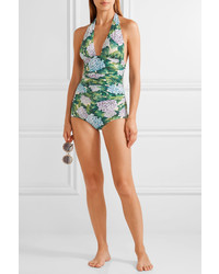 Dolce & Gabbana Ruched Printed Halterneck Swimsuit Forest Green