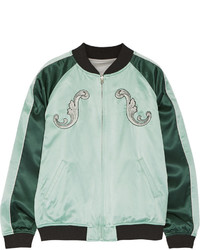 Opening Ceremony Cash Reversible Embroidered Silk Satin Bomber Jacket Light Green