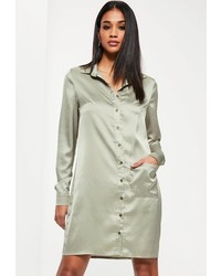 Missguided Tall Green Satin Oversized Pocket Shirt Dress
