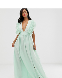 True Decadence Tall Premium Plunge Front Maxi Dress With Shoulder Detail In Soft Mint