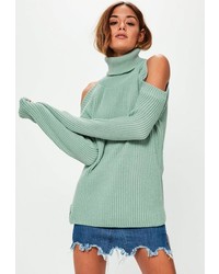Missguided Green Chunky Cold Shoulder Sweater