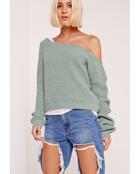 Missguided Green Cropped Off Shoulder Sweater
