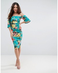 Asos Textured Green Floral Fluted Sleeve Midi Dress