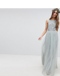 Maya Tall Sleeveless Sequin Bodice Tulle Detail Maxi Bridesmaid Dress With Cutout Back Lily