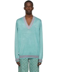 Charles Jeffrey Loverboy Blue Fred Perry Edition Knit Glitter V Neck Sweater