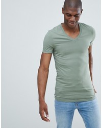 ASOS DESIGN Muscle Fit T Shirt With V Neck And Stretch In Green