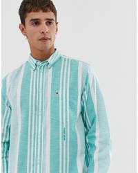 Tommy Jeans Bold Vertical Stripe Shirt With Flag Logo In Green