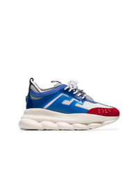 Versace Blue And Red Chain Reaction Leather Low Top Sneakers