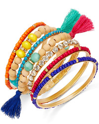 Bar III Gold Tone Multicolor Bead And Tassel Bangle Bracelet Set
