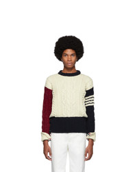 Thom Browne White Aran Cable Knit Crewneck Sweater
