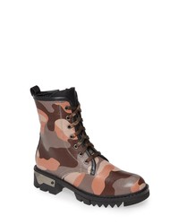 Multi colored Camouflage Leather Lace-up Flat Boots
