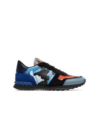 Valentino Black Blue And Orange Camouflage Rockrunner Leather Sneakers