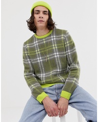ASOS DESIGN Relaxed Fit Textured Check Jumper In Neon Green