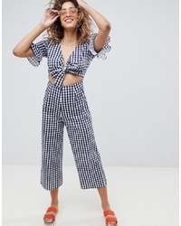 ASOS DESIGN Tea Jumpsuit With Cut Out And In Linen In Gingham