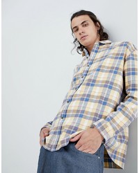 ASOS DESIGN Oversized Check Shirt In Yellow With Bleach Wash