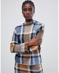 Warehouse Funnel Neck Jumper In Blue Check