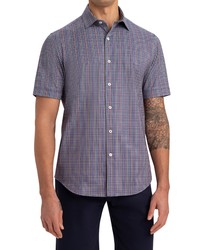 Bugatchi Ooohcotton Tech Check Print Short Sleeve Button Up Shirt In Navy At Nordstrom