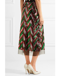 Gucci Sequined Tulle Midi Skirt Green