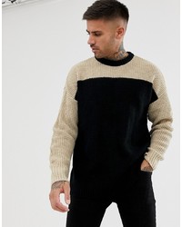 Bershka Knitted Jumper In Black With Camel Colour Blocking