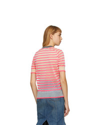 Junya Watanabe Grey And Pink Stripe Crewneck T Shirt