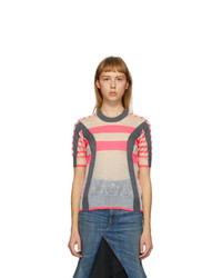 Junya Watanabe Grey And Pink Stripe Crewneck T Shirt