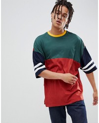 ASOS DESIGN Oversized Longline T Shirt With Half Sleeve With Retro Colour Block In Burgundy