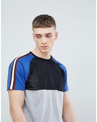 ASOS DESIGN Relaxed Longline T Shirt In Half And Half Velour And Polytricot Sleeves With Taping