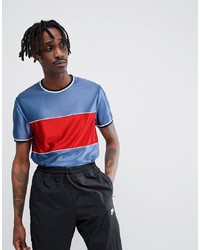 ASOS DESIGN T Shirt In Drape Fabric With Contrast Panel And Piping In Blue