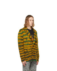 Saint Laurent Yellow And Green Abstract Feather Double Breasted Cardigan