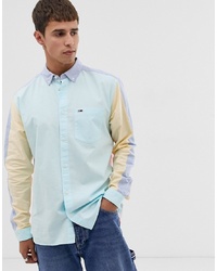 Tommy Jeans Colour Block Oxford Shirt With Flag Logo In Greenyellowblue