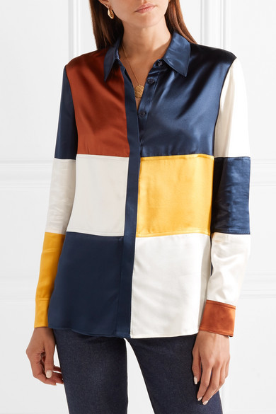 Tory Burch Reese Color Block Silk Satin Shirt, $175  |  Lookastic