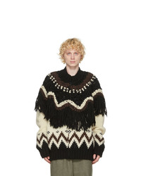 Sacai Beige And Black Nordic Knit Zip Up Sweater