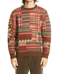 Beams Plus Patchwork Jacquard Wool Blend Sweater